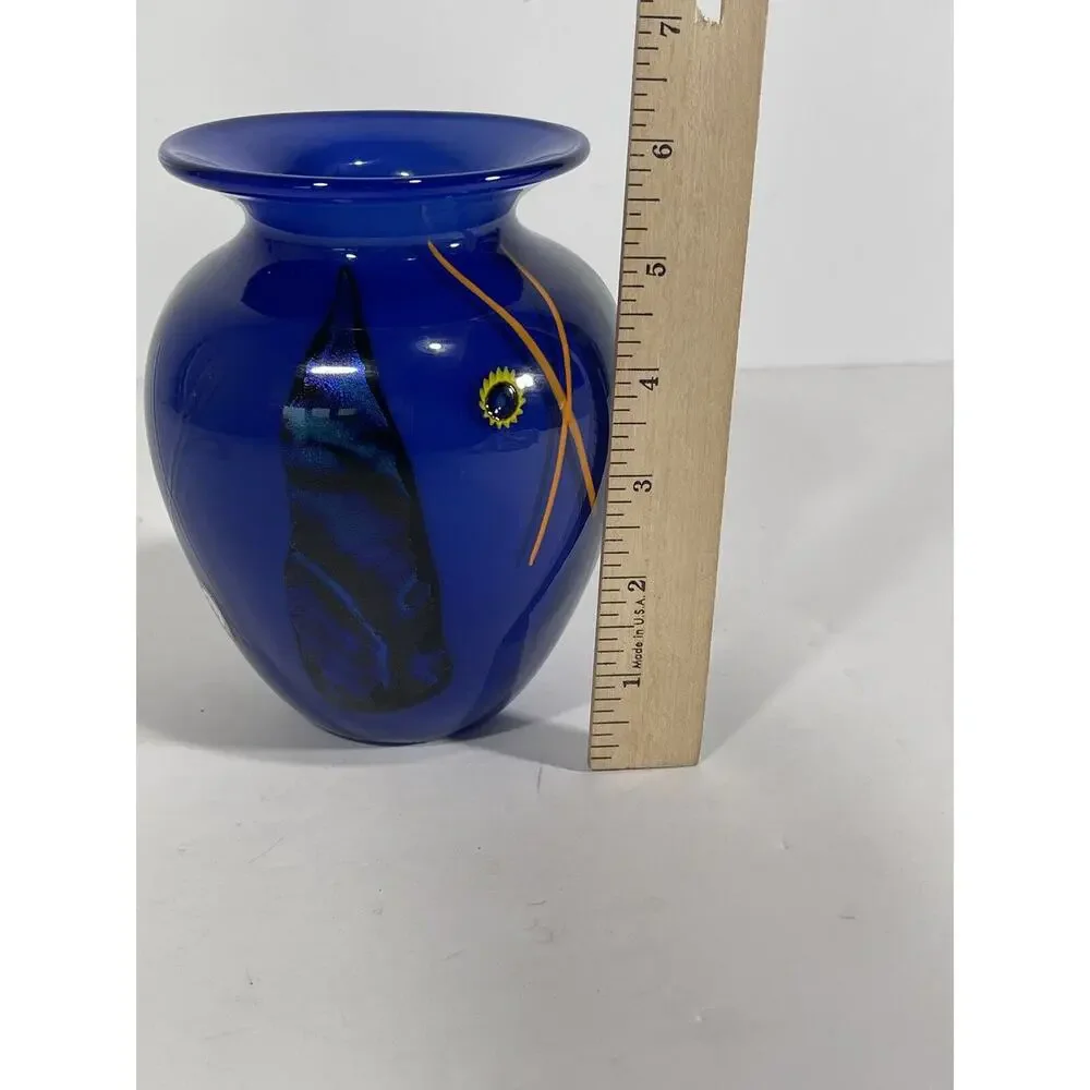 KEN & INGRID HANSON Signed Hand‎ Blown Cobalt Blue Art Glass Hand Painted Vase